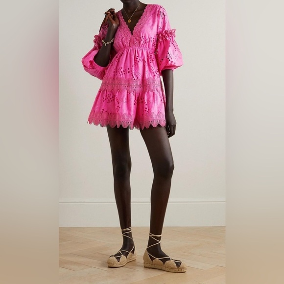 Waimari Connie Lace-trimmed Broderie Anglaise Cotton Mini Dress Pink - Picture 1 of 8